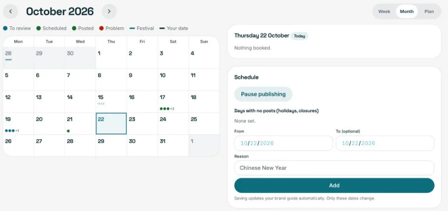 Skandage Social calendar showing October 2026 with scheduled posts and a schedule panel