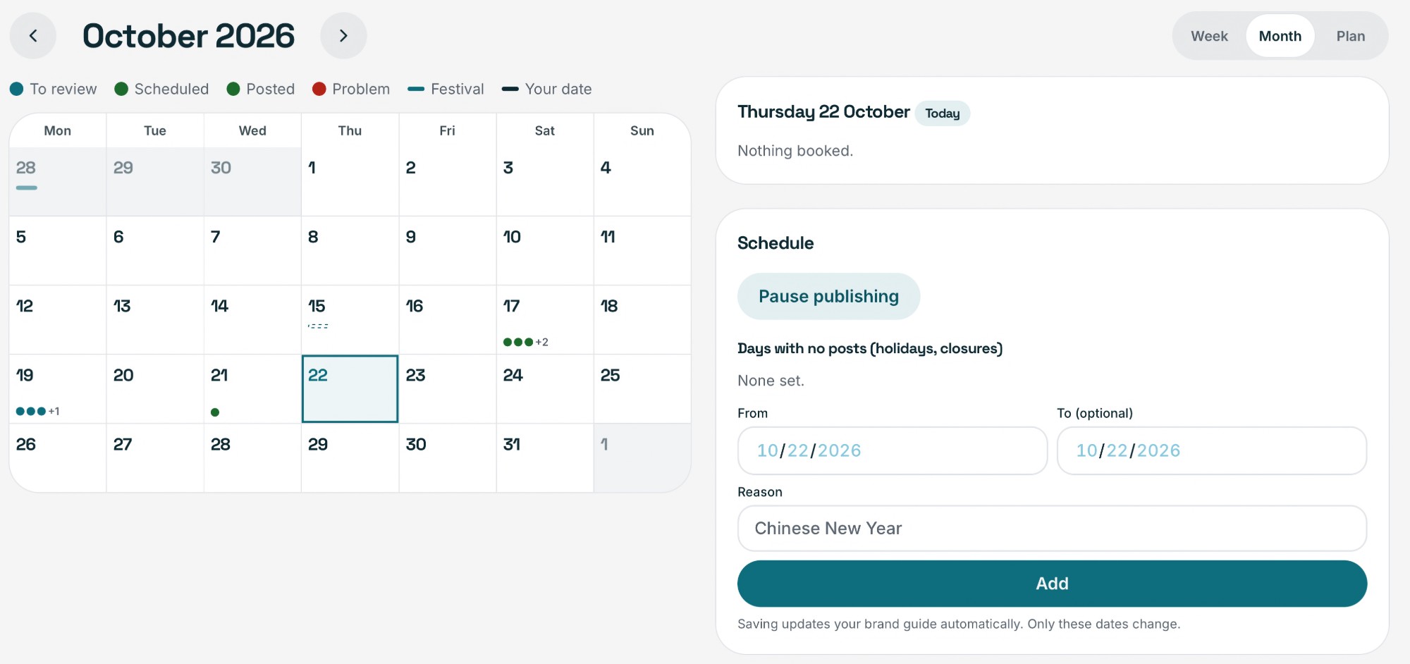 Skandage Social calendar showing October 2026 with scheduled posts and a schedule panel