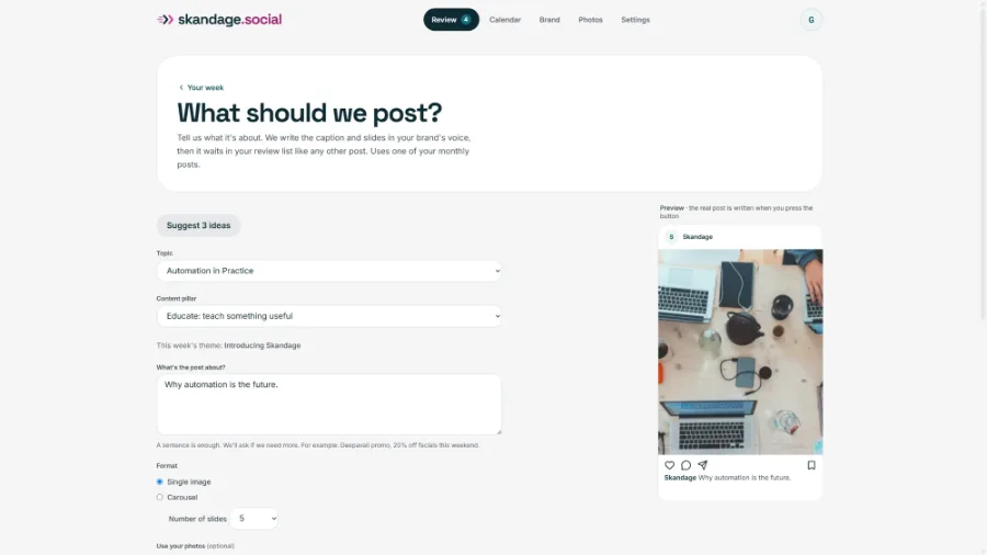 Skandage Social post creator asking what to post, with topic and format options and a post preview