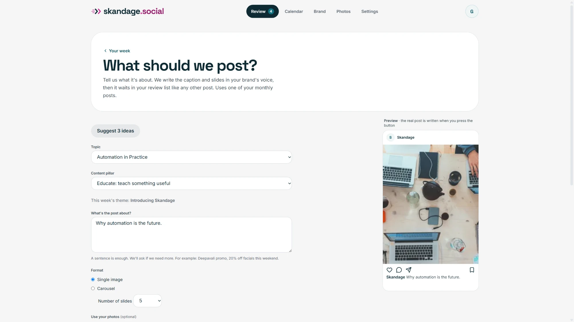 Skandage Social post creator asking what to post, with topic and format options and a post preview