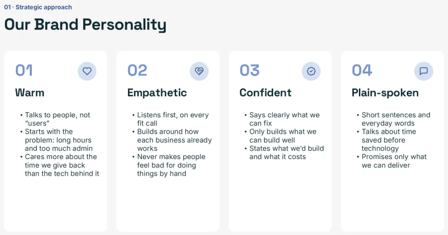 A page from the Skandage brand playbook: four brand personality traits, warm, empathetic, confident and plain-spoken