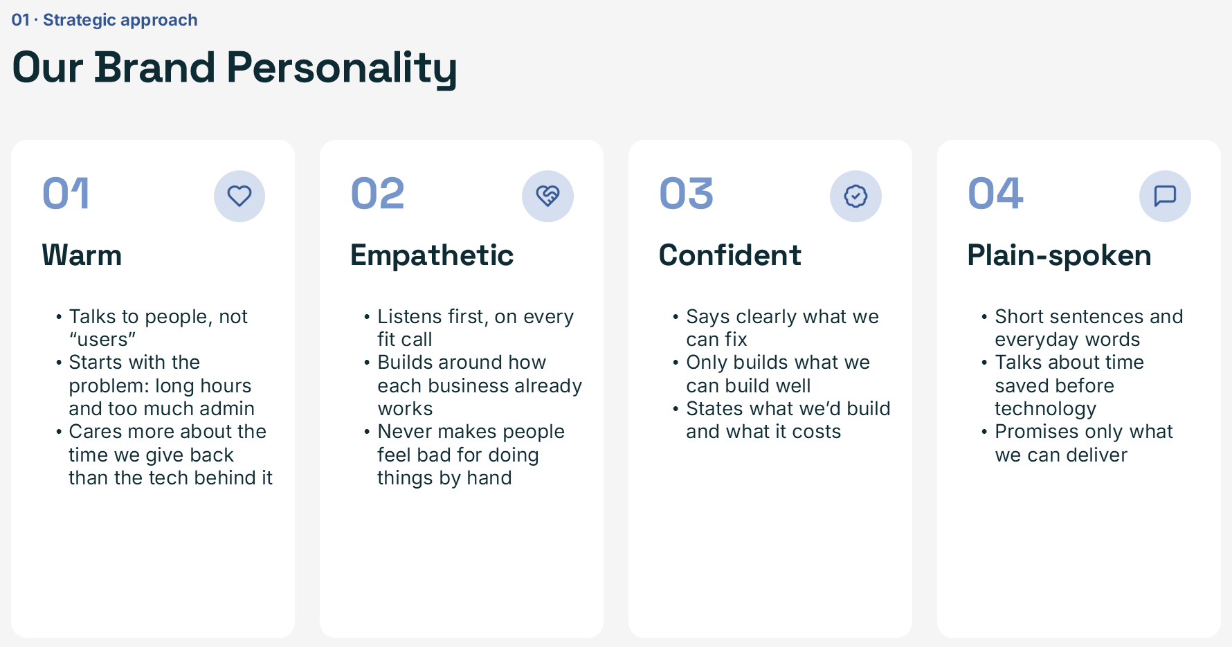 A page from the Skandage brand playbook: four brand personality traits, warm, empathetic, confident and plain-spoken