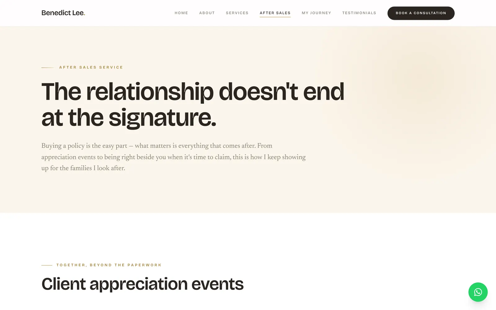 The after-sales page of the same site, about looking after clients once they have signed