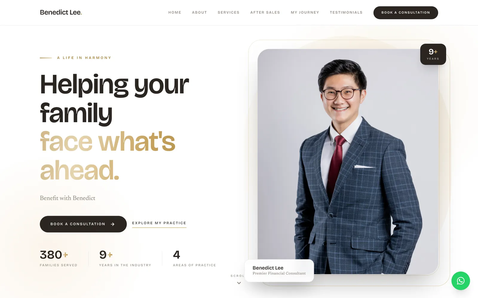 The home page of Benedict Lee's site: a large headline, a consultation button, three numbers and a portrait