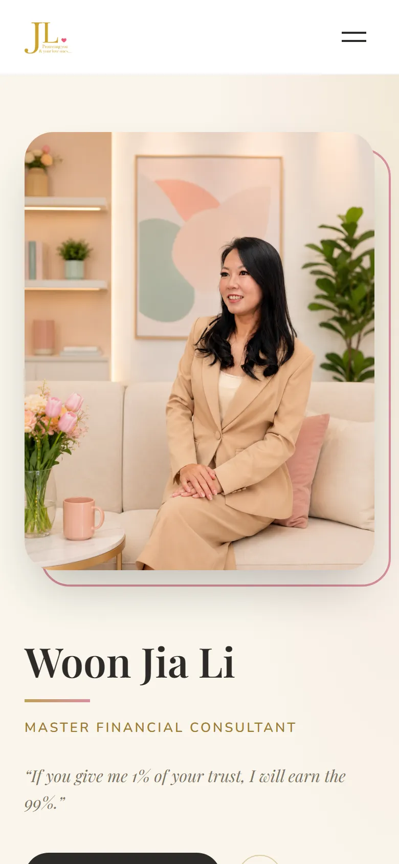 The home page on a phone: portrait first, then her name and title