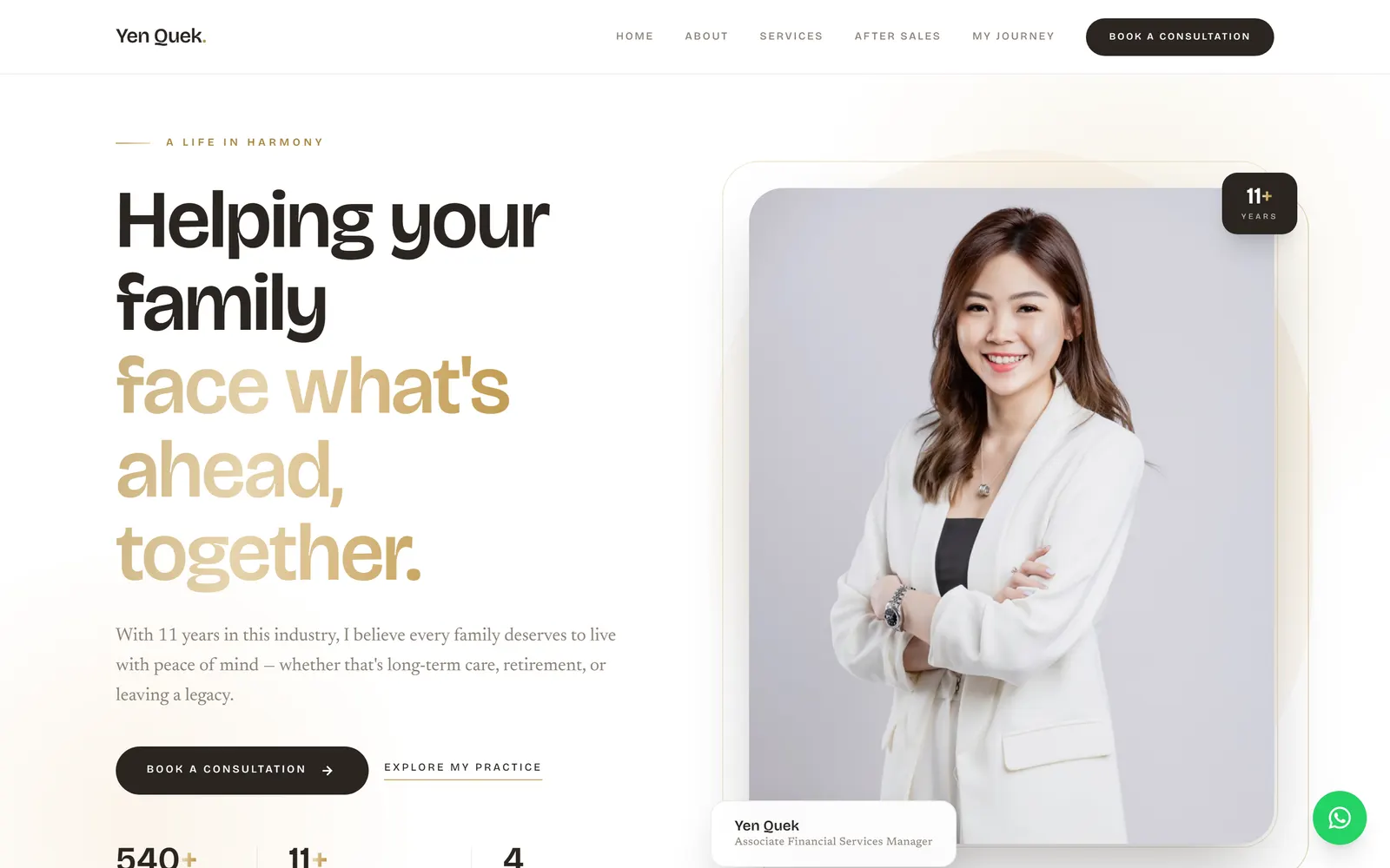 The home page of Yen Quek's site: a large headline, a short intro, a consultation button and a portrait