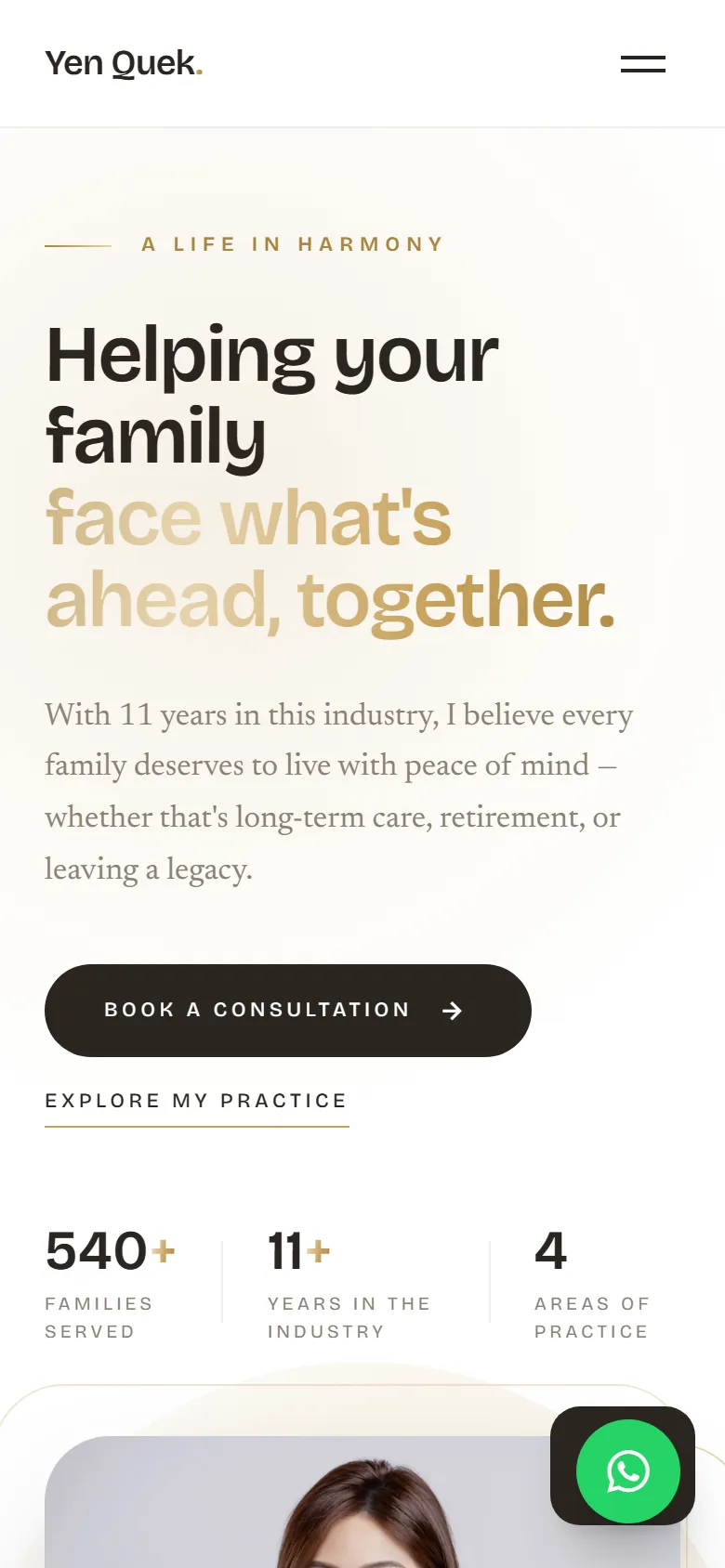 The home page on a phone: headline, intro, consultation button and numbers