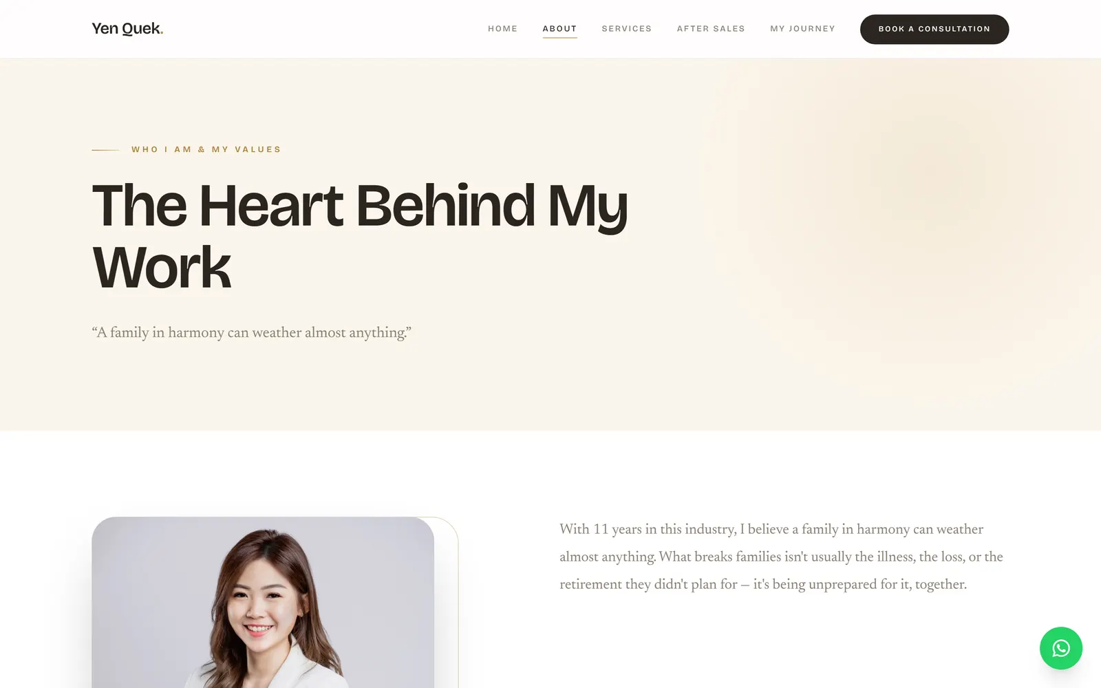 The story page of the same site: The Heart Behind My Work, with her portrait and a personal note